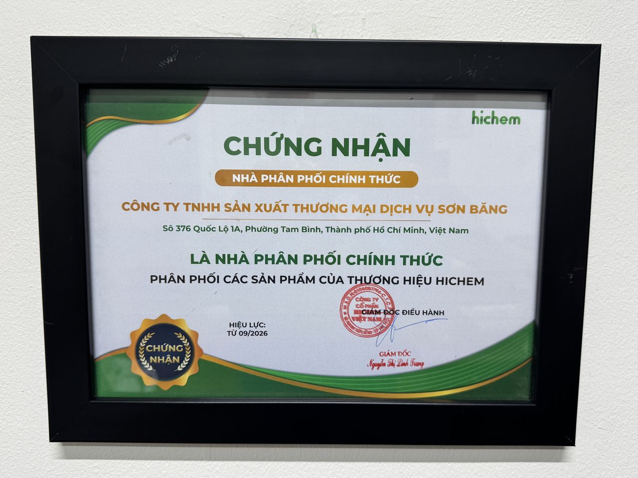 Giấy chứng nhận Hichem cấp cho Công ty TNHH Sản xuất Thương mại Dịch vụ Sơn Băng, hiệu lực từ 09/2026